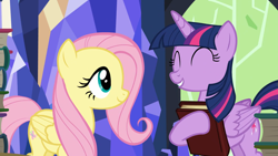 Size: 1920x1080 | Tagged: safe, imported from derpibooru, screencap, fluttershy, twilight sparkle, alicorn, pegasus, pony, season 5, the hooffields and mccolts, book, duo, duo female, eyes closed, female, folded wings, mare, twilight sparkle (alicorn), wings