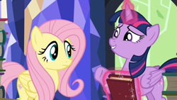 Size: 1920x1080 | Tagged: safe, imported from derpibooru, screencap, fluttershy, twilight sparkle, alicorn, pegasus, pony, season 5, the hooffields and mccolts, book, duo, duo female, female, folded wings, magic, mare, telekinesis, twilight sparkle (alicorn), wings