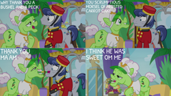 Size: 1280x720 | Tagged: safe, edit, edited screencap, editor:quoterific, imported from derpibooru, screencap, auntie applesauce, earth pony, pony, grannies gone wild, season 8, the golden horseshoes, spoiler:s08, bits, female, golden horseshoes, male, mare, open mouth, stallion, welcome inn