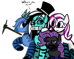 Size: 966x772 | Tagged: safe, artist:pawker, imported from derpibooru, oc, oc:med, oc:medroit, oc:purapoint, oc:simon pegasus, oc:solair, earth pony, pegasus, unicorn, commission, cute, earth pony oc, energy drink, face mask, glasses, hat, mask, monster drink, monster energy, pegasus oc, pickaxe, swamp cinema, wings