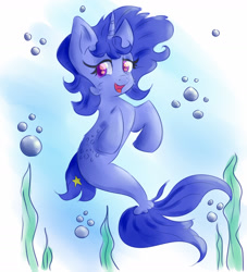 Size: 1280x1409 | Tagged: safe, artist:nedemai, imported from derpibooru, oc, oc only, oc:nedi, pony, seapony (g4), unicorn, blue mane, bubble, dorsal fin, fish tail, flowing mane, flowing tail, horn, looking at you, ocean, open mouth, open smile, purple eyes, seaponified, seaweed, smiling, solo, species swap, tail, underwater, water