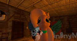 Size: 1408x747 | Tagged: safe, imported from derpibooru, oc, oc only, pony, 3d, gun, photoshop, solo, swamp cinema, weapon