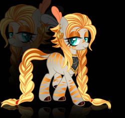 Size: 922x867 | Tagged: safe, artist:sush-adopts, imported from derpibooru, oc, hybrid, pony, zebra, ascot, ear piercing, earring, feather, female, jewelry, magical lesbian spawn, neckerchief, offspring, parent:applejack, parent:zecora, parents:applecora, piercing, stripes, zoom layer