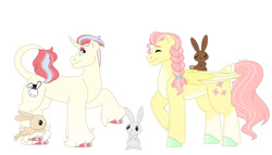 Size: 1280x732 | Tagged: safe, artist:itstechtock, imported from derpibooru, fluttershy, oc, oc:hat trick, pony, rabbit, unicorn, animal, male, offspring, parent:distant star, parent:spellbound, simple background, stallion, white background