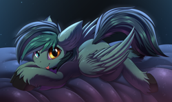 Size: 4000x2383 | Tagged: safe, artist:ask-colorsound, imported from derpibooru, oc, oc only, oc:target strike, pegasus, pony, :p, bandana, cute, heterochromia, high res, looking at you, lying down, male, pegasus oc, prone, smiling, smiling at you, solo, stallion, tongue out, unshorn fetlocks, wings