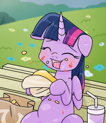 Size: 640x740 | Tagged: safe, artist:batipin, imported from derpibooru, twilight sparkle, alicorn, pony, bench, blushing, burger, chubby, chubby twilight, cute, drink, eating, eyes closed, floppy ears, food, hay burger, herbivore, messy eating, sitting, solo, twiabetes, twilight burgkle, twilight sparkle (alicorn)