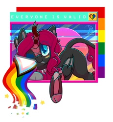 Size: 860x929 | Tagged: safe, artist:musicfirewind, artist:wavecipher, imported from derpibooru, oc, oc only, oc:technika, alicorn, kirin, winged kirin, amputee, chocker, choker, female, flag, four ears, heart, heart eyes, kirin oc, leonine tail, looking at you, microsoft, microsoft windows, pride flag, prosthetic leg, prosthetic limb, prosthetics, solo, vaporwave, webcore, windows, windows 98, wingding eyes