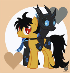 Size: 1474x1551 | Tagged: safe, artist:wheatley r.h., derpibooru exclusive, imported from derpibooru, oc, oc only, oc:rito, oc:w. rhinestone eyes, changeling, pegasus, automata, blue changeling, changeling oc, happy, heart, honeypot changeling, jewelry, male, messy tail, necklace, pegasus oc, stallion, vector, watermark, wings, yellow coat