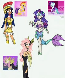 Size: 1747x2073 | Tagged: safe, artist:citi, imported from derpibooru, screencap, fluttershy, rarity, twilight sparkle, alicorn, bat pony, human, mermaid, scare master, armor, athena sparkle, bat ponified, breasts, busty fluttershy, busty rarity, cleavage, clothes, costume, dress, fake ears, flutterbat, flutterbat costume, humanized, mermaid tail, mermarity, nightmare night costume, race swap, rarity's mermaid dress, scene interpretation, screencap reference, sleeveless, twilight sparkle (alicorn)