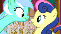 Size: 448x252 | Tagged: safe, imported from derpibooru, screencap, bon bon, lyra heartstrings, sweetie drops, earth pony, pony, unicorn, season 5, slice of life (episode), adorabon, animated, blinking, boop, cute, female, gif, lesbian, long neck, looking at each other, loop, lyrabetes, lyrabon, mare, noseboop, shipping, smiling, smiling at each other