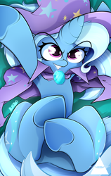 Size: 2894x4592 | Tagged: safe, artist:ahekao, imported from derpibooru, trixie, pony, unicorn, armpits, brooch, cape, clothes, cute, female, frog (hoof), hat, hug, jewelry, mare, smiling, solo, trixie's brooch, trixie's cape, trixie's hat, underhoof