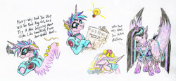 Size: 1024x475 | Tagged: safe, artist:grimmyweirdy, imported from derpibooru, princess cadance, princess flurry heart, princess luna, alicorn, pony, comic:a flurry of chaos, between dark and dawn, alternate hairstyle, clothes, clothes swap, collar, episode reference, eyes closed, eyeshadow, facehoof, goth, hair over eyes, lightbulb, makeup, malicious compliance, mane swap, newspaper, next generation, older, older flurry heart, older princess cadance, piercing, princess emo heart, punklestia, spiked collar, wing piercing