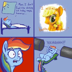 Size: 2000x2000 | Tagged: safe, artist:dummyhorse, artist:phutashi, imported from derpibooru, applejack, rainbow dash, earth pony, pegasus, pony, 4 panel comic, atg 2021, bed, comic, competition, competitive, dialogue, dumbbell (object), duo, exercise, eyebrows, eyebrows visible through hair, female, gasp, high res, lying down, mare, morning, motivation, newbie artist training grounds, on back, open mouth, shocked, thought bubble, waking up, weights, wide eyes, window, yeah!!!!!!!!