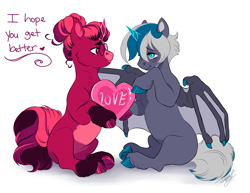 Size: 2200x1700 | Tagged: safe, artist:theartfox2468, imported from derpibooru, oc, oc only, oc:elizabat stormfeather, oc:venus red heart, alicorn, bat pony, bat pony alicorn, pony, alicorn oc, bat pony oc, bat wings, chest fluff, crying, curved horn, cute, ear fluff, fangs, female, glasses, heart, heart eyes, horn, ings, leg fluff, mare, missing cutie mark, positive ponies, simple background, sitting, support, unshorn fetlocks, white background, wingding eyes, wings