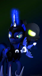 Size: 2160x3840 | Tagged: safe, artist:fireemerald123, imported from derpibooru, princess luna, oc, oc:the voice, oc:voice, alicorn, 3d, glowing eyes, high res, poster, source filmmaker, sword, the perfect shape, void entity, watermark, weapon