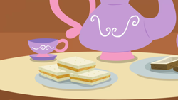 Size: 1280x720 | Tagged: safe, imported from derpibooru, screencap, discordant harmony, background, cup, fluttershy's cottage (interior), food, no pony, plate, sandwich, scenic ponyville, teacup, teapot