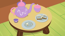 Size: 1280x720 | Tagged: safe, imported from derpibooru, screencap, discordant harmony, background, crust, cup, fluttershy's cottage (interior), food, liminal space, no pony, plate, sandwich, scenic ponyville, teacup, teapot