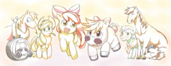 Size: 1285x500 | Tagged: safe, artist:鮹ぼーる, imported from derpibooru, apple bloom, applejack, big macintosh, granny smith, winona, dog, earth pony, pony, crossover, makibao, midori no makibao