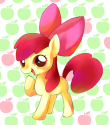 Size: 900x1024 | Tagged: safe, artist:ころにゃん, imported from derpibooru, apple bloom, pony, adorabloom, apple, blank flank, blushing, cute, female, filly, food, open mouth, pixiv, solo