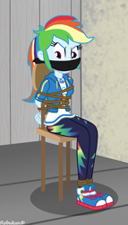 Size: 1088x1896 | Tagged: safe, artist:robukun, imported from derpibooru, rainbow dash, equestria girls, arm behind back, bondage, bound and gagged, cloth gag, dashsub, femsub, gag, rainbond dash, rope, rope bondage, submissive, tied to chair, tied up