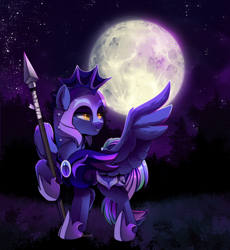 Size: 2500x2713 | Tagged: safe, artist:breioom, imported from derpibooru, oc, oc only, oc:lishka, pegasus, pony, armor, female, guard, guardsmare, helmet, high res, mare, moon, night, night guard, royal guard, solo, spear, spread wings, weapon, wings