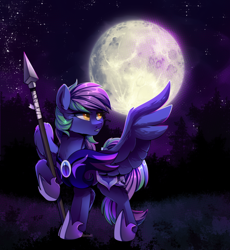 Size: 2500x2713 | Tagged: safe, alternate version, artist:breioom, imported from derpibooru, oc, oc only, oc:lishka, pegasus, pony, female, guard, guardsmare, high res, mare, moon, night, night guard, royal guard, solo, spear, spread wings, weapon, wings