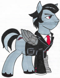 Size: 1051x1354 | Tagged: safe, artist:detour, imported from derpibooru, oc, oc only, oc:gas guzzler, pegasus, pony, cybernetic wing, male, necktie, solo, stallion