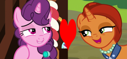 Size: 1547x720 | Tagged: safe, edit, edited screencap, imported from derpibooru, screencap, stellar flare, sugar belle, pony, unicorn, the break up breakdown, the parent map, female, heart, infidelity, lesbian, mare, shipping, shipping domino, stellarbelle