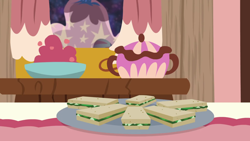 Size: 1280x720 | Tagged: safe, imported from derpibooru, screencap, discordant harmony, background, curtain, curtains, discord's house, food, liminal space, no pony, sandwich, scenic ponyville