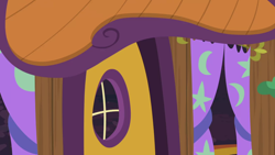 Size: 1280x720 | Tagged: safe, imported from derpibooru, screencap, discordant harmony, season 7, background, couch, curtain, curtains, discord's house, no pony, scenic ponyville, surreal, upside down