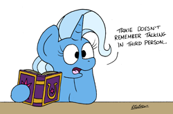 Size: 2136x1400 | Tagged: safe, artist:bobthedalek, imported from derpibooru, trixie, pony, unicorn, atg 2021, blatant lies, book, female, friendship journal, head on hoof, hypocritical humor, irony, mare, newbie artist training grounds, supporting head, talking in third person