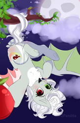 Size: 1800x2767 | Tagged: safe, artist:2pandita, imported from derpibooru, oc, oc only, bat pony, pony, apple, behaving like a bat, female, food, heterochromia, mare, moon, prehensile tail, solo, tail hold