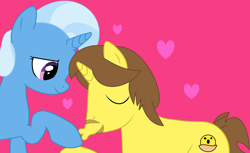 Size: 3632x2226 | Tagged: safe, artist:jadeharmony, artist:jadethepegasus, imported from derpibooru, trixie, oc, oc:grapefruit face, pony, unicorn, canon x oc, eyes closed, female, grapexie, high res, hoof kissing, horn, male, mare, shipping, smiling, smooch, stallion, straight, unicorn oc