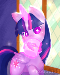 Size: 1200x1500 | Tagged: safe, artist:kouputea, imported from derpibooru, twilight sparkle, alicorn, pony, coffee mug, cute, drinking, female, hat, looking at you, magic, mare, mug, solo, star swirl the bearded hat, telekinesis, twiabetes, twilight sparkle (alicorn), wizard hat