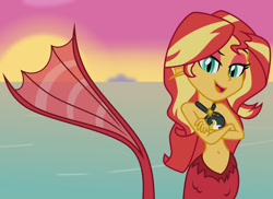 Size: 1024x745 | Tagged: safe, artist:emeraldblast63, imported from derpibooru, sunset shimmer, mermaid, siren, equestria girls, belly button, bikini, bikini top, clothes, crossed arms, dreamworks face, ear fins, female, fins, mermaid tail, mermaidized, mermay, open mouth, open smile, sirenified, sleeveless, slit eyes, slit pupils, smiling, solo, species swap, sunset, sunset siren, swimsuit