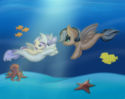 Size: 1568x1240 | Tagged: safe, artist:kate1522, imported from derpibooru, oc, oc only, fish, octopus, pegasus, pony, seapony (g4), starfish, unicorn, contest entry, crepuscular rays, dorsal fin, fin wings, fish tail, flowing tail, horn, ocean, seaponified, species swap, sunlight, swimming, tail, underwater, water, wings