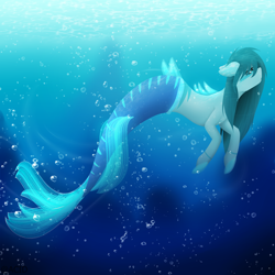 Size: 2390x2390 | Tagged: safe, artist:acidthead, imported from derpibooru, oc, oc only, merpony, blue eyes, bubble, clothes, crepuscular rays, dorsal fin, female, fins, fish tail, flowing tail, high res, mermaid tail, ocean, see-through, solo, speedpaint, sunlight, swimming, tail, underwater, water