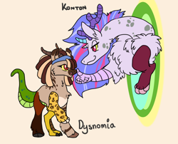 Size: 1248x1008 | Tagged: safe, artist:sinjaaussiaangels, imported from derpibooru, oc, oc only, oc:dysnomia, oc:konton, draconequus, hybrid, draconequus oc, duo, female, fluffy, half-siblings, interdimensional siblings, interspecies offspring, magical threesome spawn, multiple parents, offspring, parent:discord, parent:oc:feral dragon, parent:twilight sparkle, parent:zecora, parents:canon x oc, parents:zecord, portal, siblings, sisters