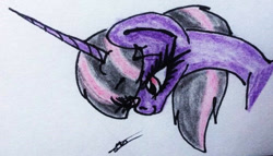 Size: 682x391 | Tagged: safe, artist:beamybutt, imported from derpibooru, oc, oc only, pony, unicorn, bust, eyelashes, female, horn, mare, signature, smiling, solo, traditional art, unicorn oc