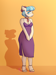 Size: 1864x2500 | Tagged: safe, artist:zowzowo, imported from derpibooru, coco pommel, anthro, earth pony, unguligrade anthro, arm hooves, breasts, cleavage, clothes, dress, full body, fullbody, gala, orange background, purple dress, shadow, shy, side slit, simple background, solo