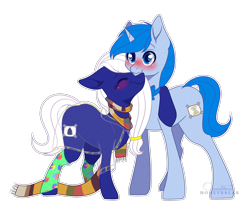 Size: 2118x1872 | Tagged: safe, artist:honeybbear, imported from derpibooru, oc, oc only, earth pony, pony, unicorn, clothes, earth pony oc, eyebrows, eyebrows visible through hair, eyes closed, female, fourth doctor's scarf, horn, male, mare, nuzzling, scarf, simple background, smiling, stallion, transparent background, unicorn oc