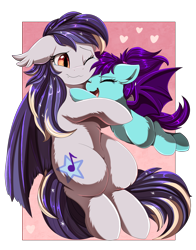 Size: 2750x3509 | Tagged: safe, artist:pridark, imported from derpibooru, oc, oc only, bat pony, pony, bat pony oc, bat wings, commission, cute, cutie mark, duo, eyes closed, flying, heart, high res, hug, one eye closed, open mouth, smiling, wavy mouth, wings