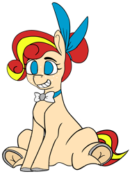 Size: 1048x1379 | Tagged: safe, artist:raredonk, imported from ponybooru, oc, oc only, oc:widget, earth pony, pony, bowtie, female, mare, ponybooru collab 2021, simple background, sitting, smiling, solo, transparent background