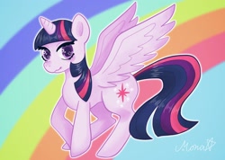 Size: 2048x1462 | Tagged: safe, artist:monako, imported from twibooru, twilight sparkle, alicorn, pony, female, image, mare, needs more jpeg, rainbow background, solo, twilight sparkle (alicorn), wingding eyes