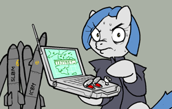 Size: 1274x806 | Tagged: artist needed, safe, imported from ponybooru, oc, oc only, oc:lorelei kernav, earth pony, pony, angry, computer, icbm, laptop computer, missile, slbm, solo