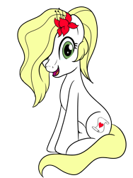 Size: 2159x2878 | Tagged: safe, artist:trash anon, imported from ponybooru, oc, oc only, oc:epithumia, earth pony, pony, female, flower, flower in hair, hair over one eye, looking at you, mare, open mouth, open smile, ponybooru collab 2021, simple background, sitting, smiling, smiling at you, solo, transparent background