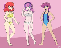 Size: 1451x1129 | Tagged: safe, artist:chango-tan, imported from ponybooru, apple bloom, scootaloo, sweetie belle, human, clothes, cutie mark crusaders, female, females only, human female, humanized, lolicon, simple background, swimsuit, trio, trio female, underage