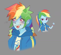 Size: 1273x1152 | Tagged: safe, artist:nakkipng, imported from ponybooru, rainbow dash, human, equestria girls, blue skin, clothes, eyes visible through hair, female, gray background, hoodie, humanized, looking to side, multicolored hair, pink eyes, simple background, solo, solo female