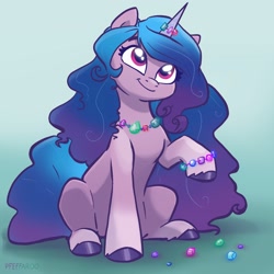 Size: 2048x2048 | Tagged: safe, artist:pfeffaroo, imported from derpibooru, izzy moonbow, pony, unicorn, bracelet, cute, female, g5, gradient background, high res, izzybetes, jewelry, mare, necklace, raised hoof, sitting, smiling, solo, unshorn fetlocks