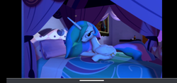 Size: 1520x720 | Tagged: safe, artist:gassipons, imported from ponybooru, princess celestia, alicorn, pony, bed, bedroom, cake thief, laying on bed, looking at you, on bed, photo, solo